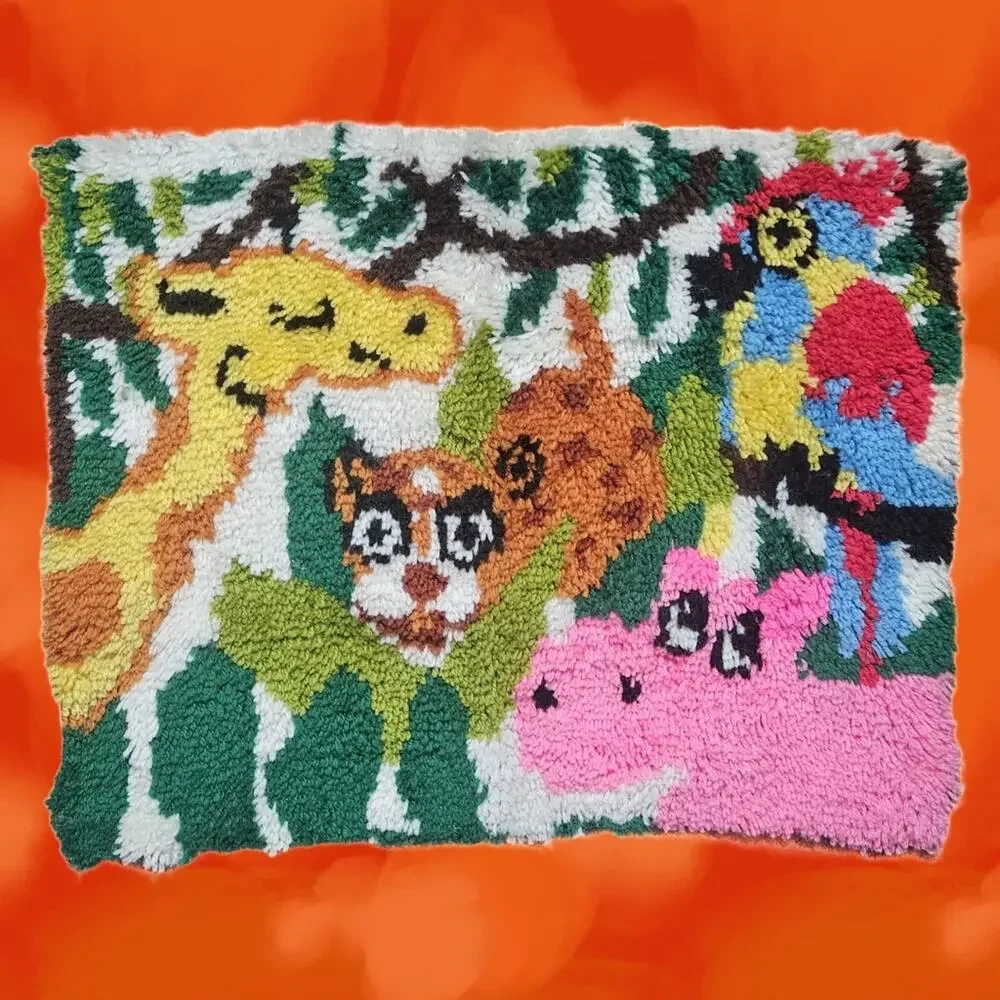 VTG 70s Latch Hook Rug, Jungle Animals: Giraffe, Parrot, Hippo, & Cheetah, 21x26